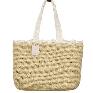NWT Lauren Conrad Debbie Crochet Straw Tote Bag Beige